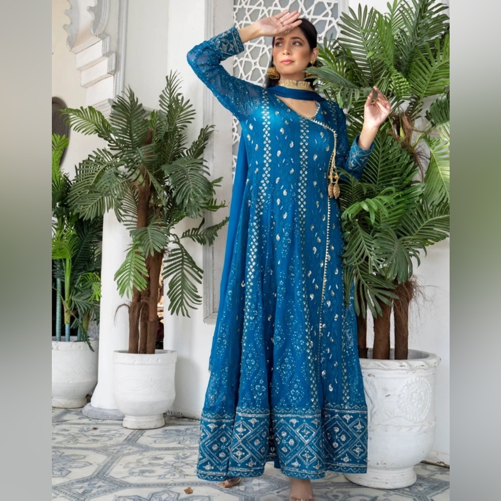 Pakistani designer wear. Party long dress with pant and dupatta